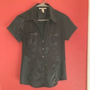 Short sleeve, gem - button down satin material shirt.